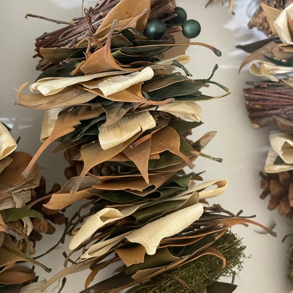 Fall Dried Leaves Pinecones Corn Husks Green Berries Garland 70” Cottage Farm